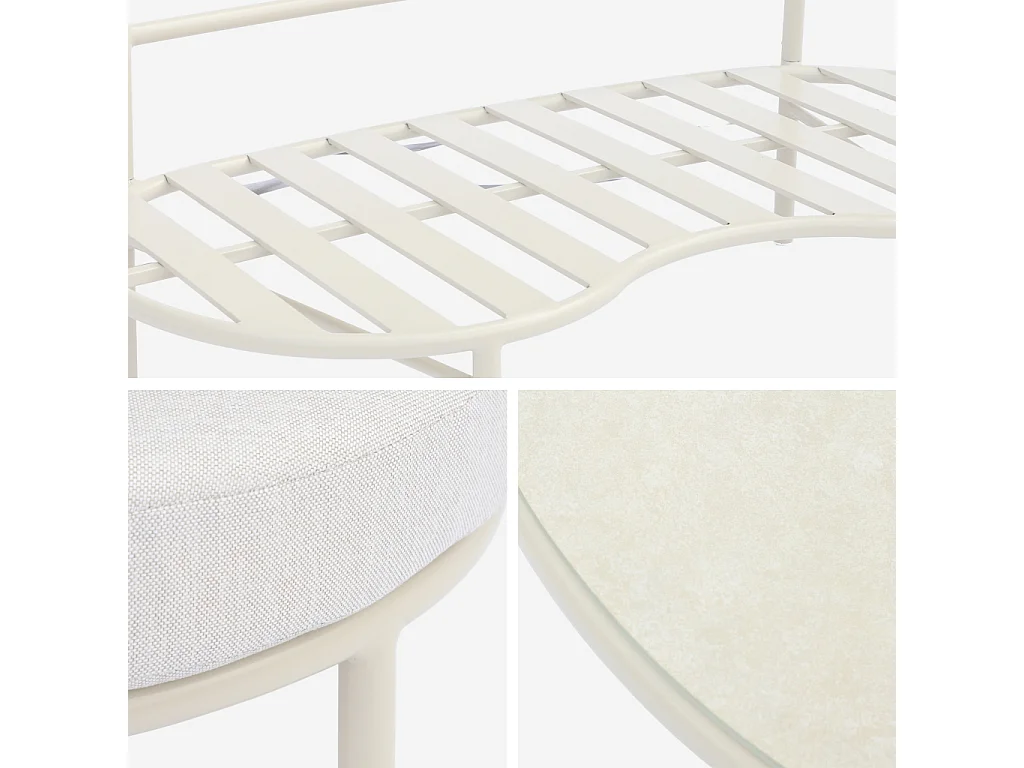 Salon de jardin aluminium et tissu beige 4 places. forme organique. table ronde - Solena