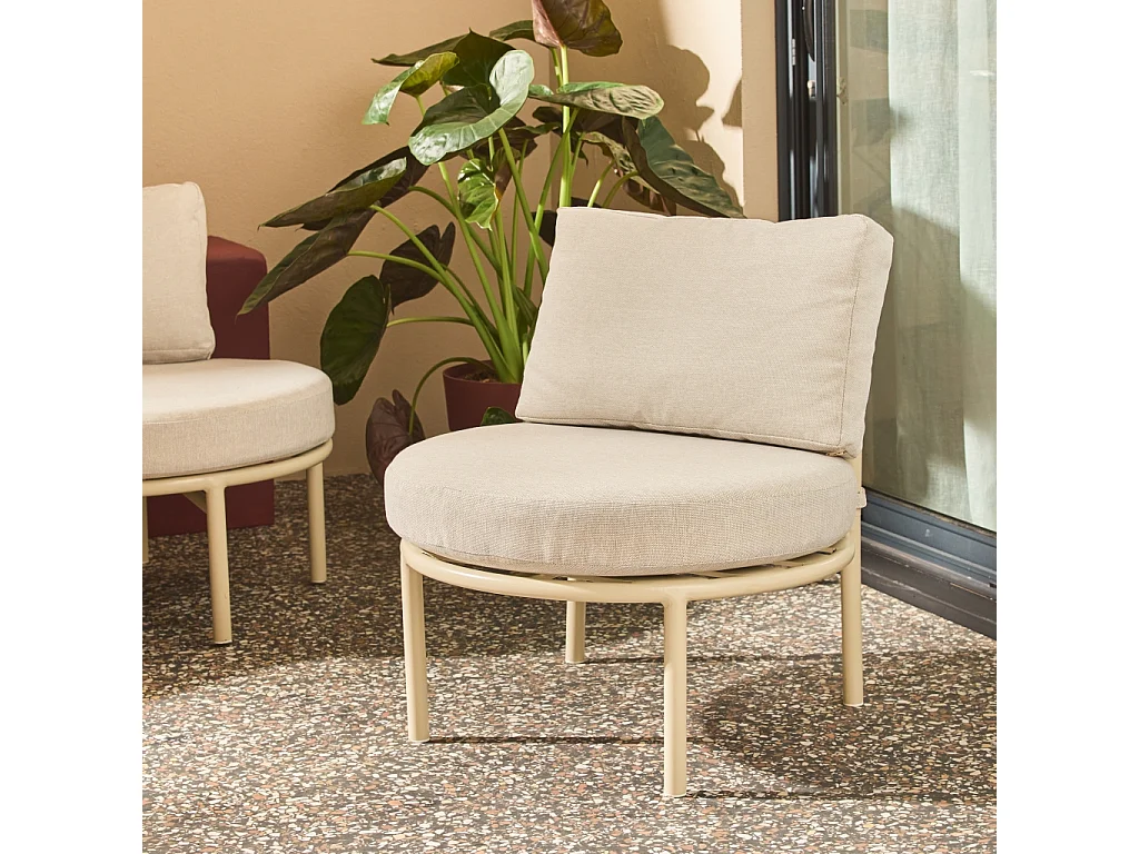 Salon de jardin aluminium et tissu beige 4 places. forme organique. table ronde - Solena