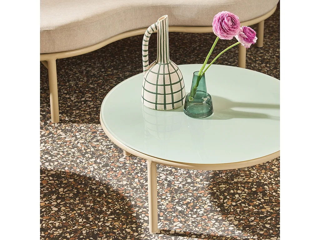 Salon de jardin aluminium et tissu beige 4 places. forme organique. table ronde - Solena