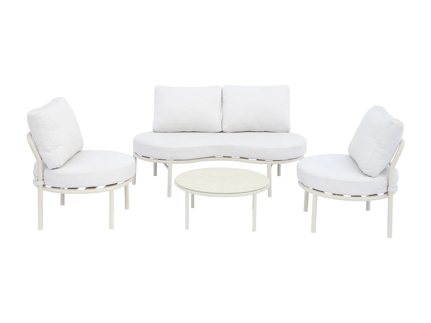Salon de jardin aluminium et tissu beige 4 places. forme organique. table ronde - Solena