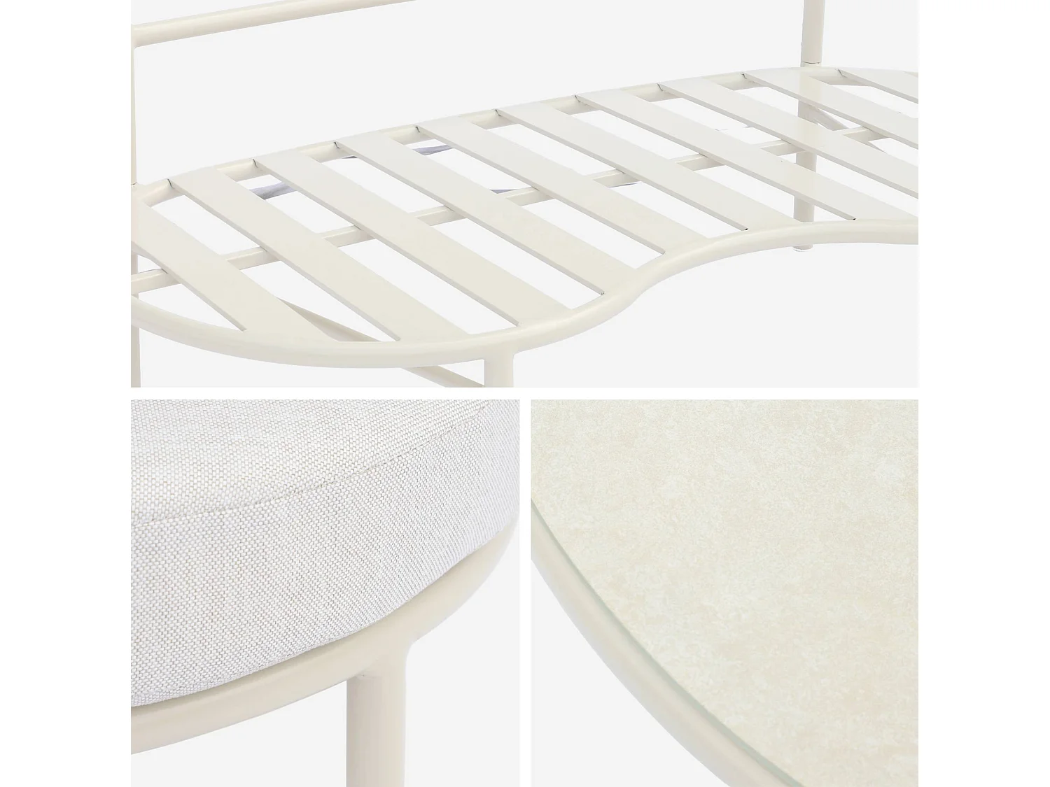 Salon de jardin aluminium et tissu beige 4 places. forme organique. table ronde - Solena