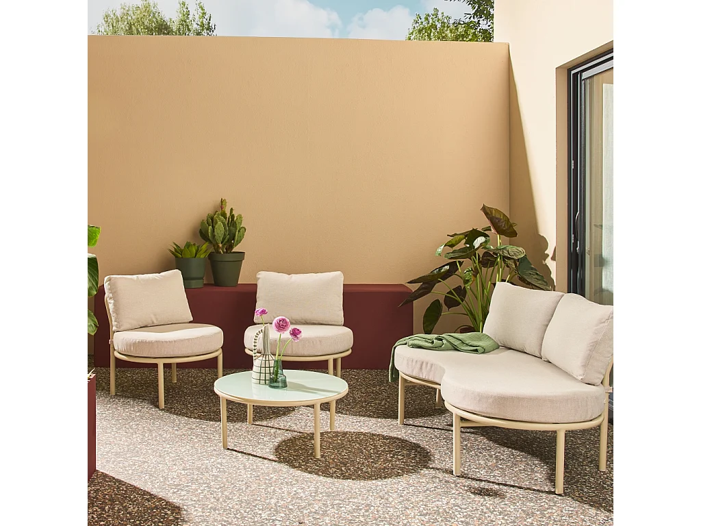 Salon de jardin aluminium et tissu beige 4 places. forme organique. table ronde - Solena