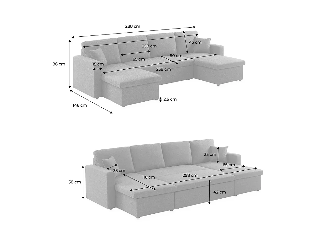 Canapé d'angle panoramique convertible 4 places en tissu bouclette crème