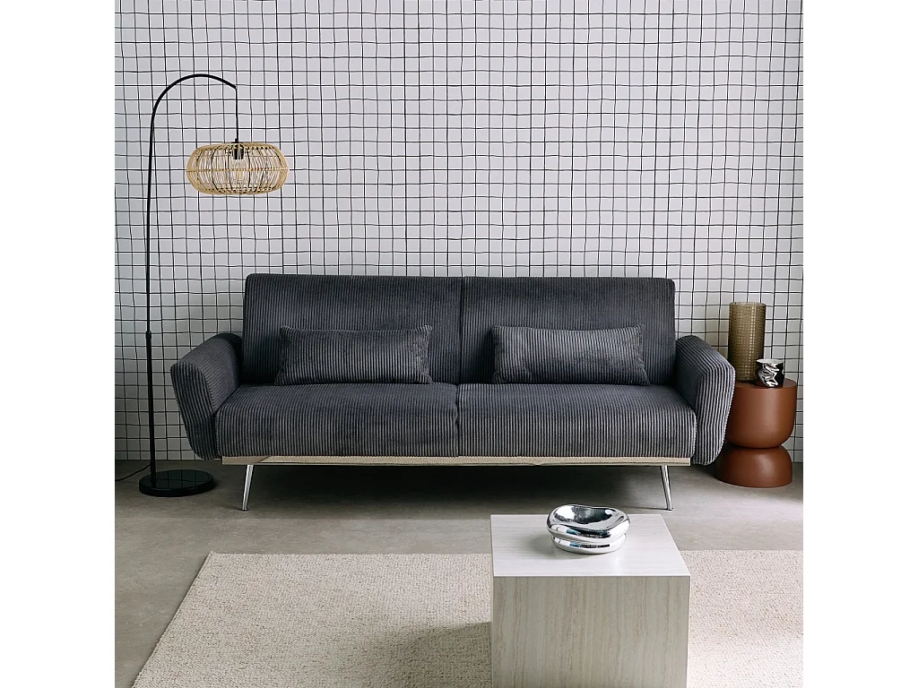 Divano letto in velluto a coste con struttura in legno di eucalipto e