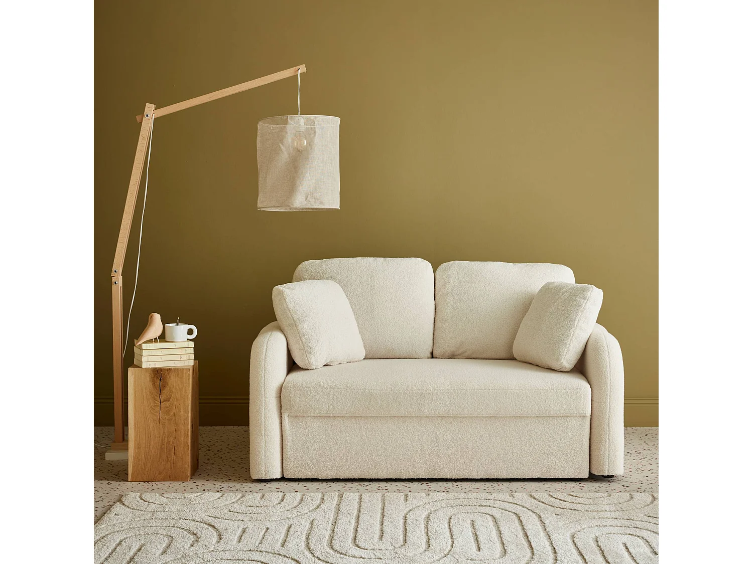 Canapé 2 places cosy rond. tissu bouclettes crème. Milano. L 150 x P 85 x H 85cm