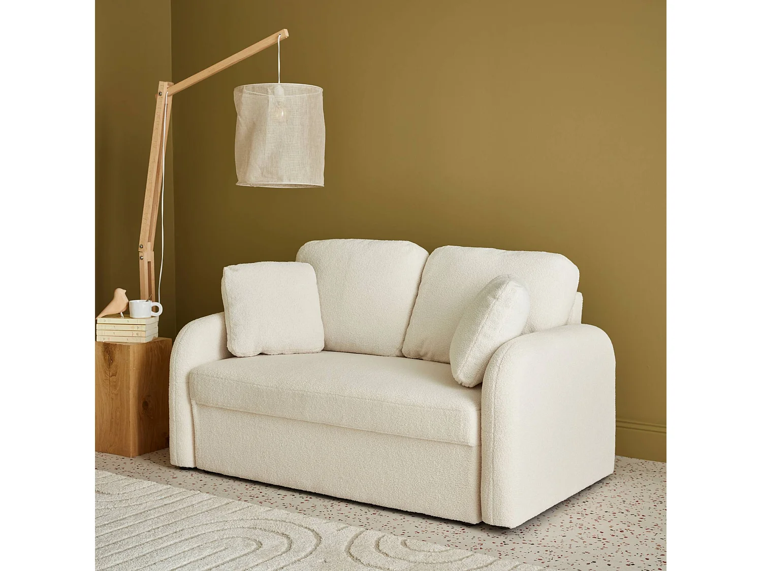 Canapé 2 places cosy rond. tissu bouclettes crème. Milano. L 150 x P 85 x H 85cm