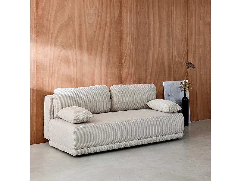 Banquette convertible 3 places velours côtelé greige avec coffre de rangement - L 192 x P 100 x H 81cm -Nelson