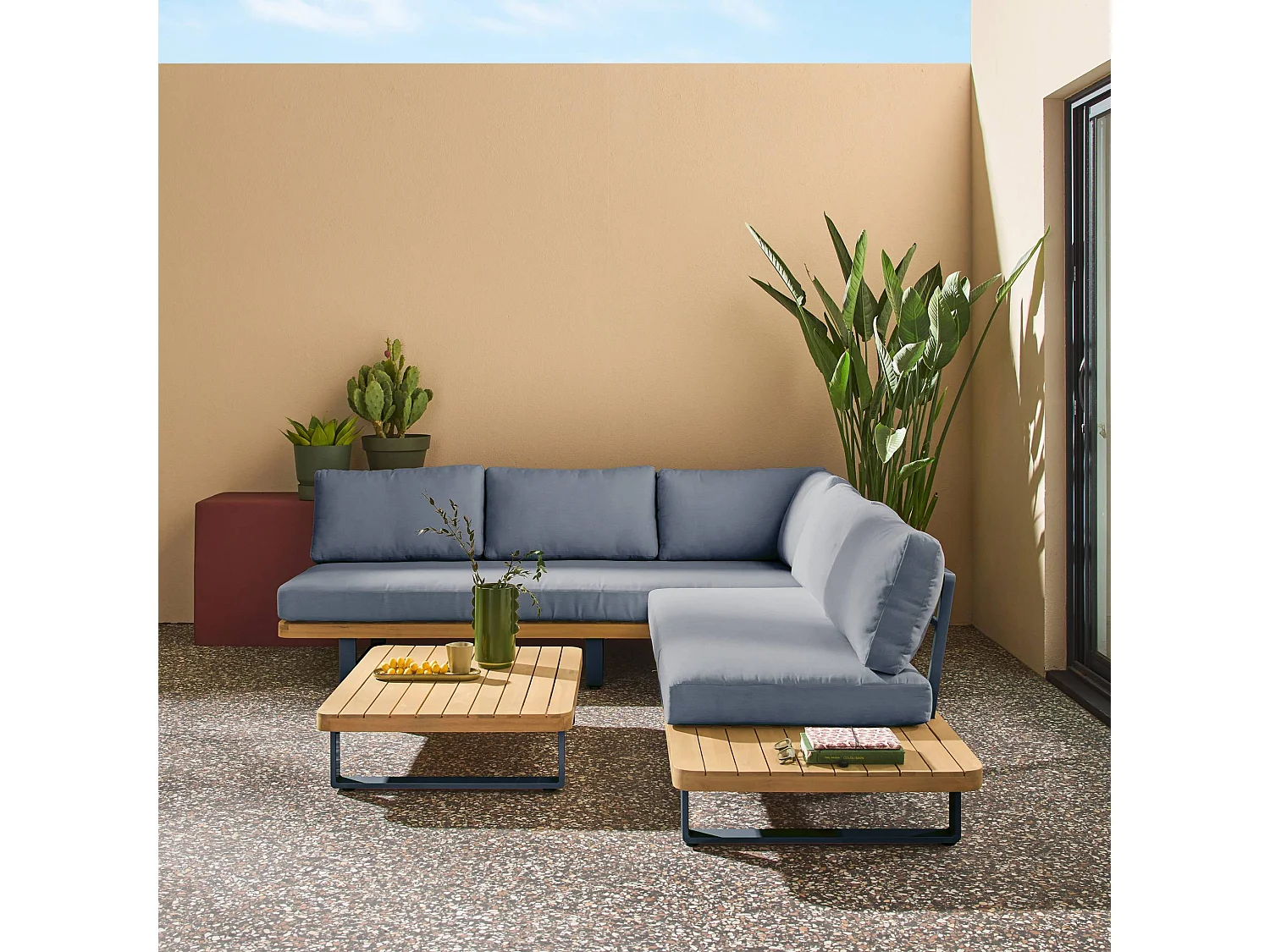 Salon de jardin d'angle bois d'acacia et aluminium 5 places gris - Acalia