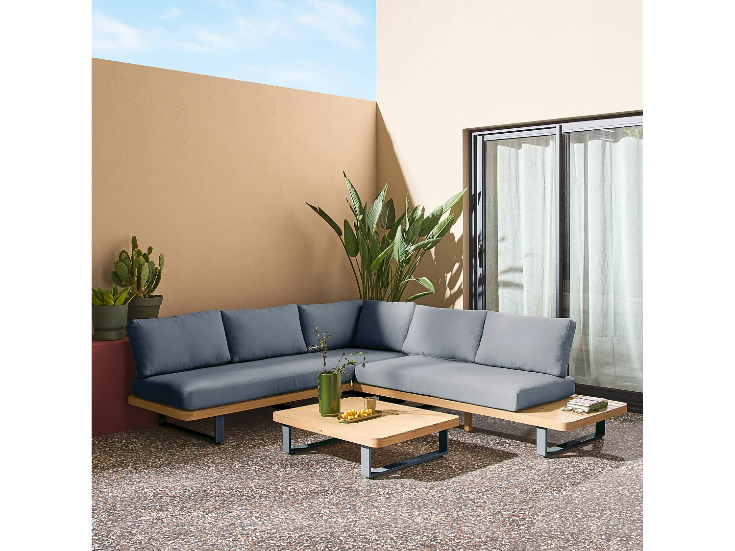 Salon de jardin d'angle bois d'acacia et aluminium 5 places gris - Acalia