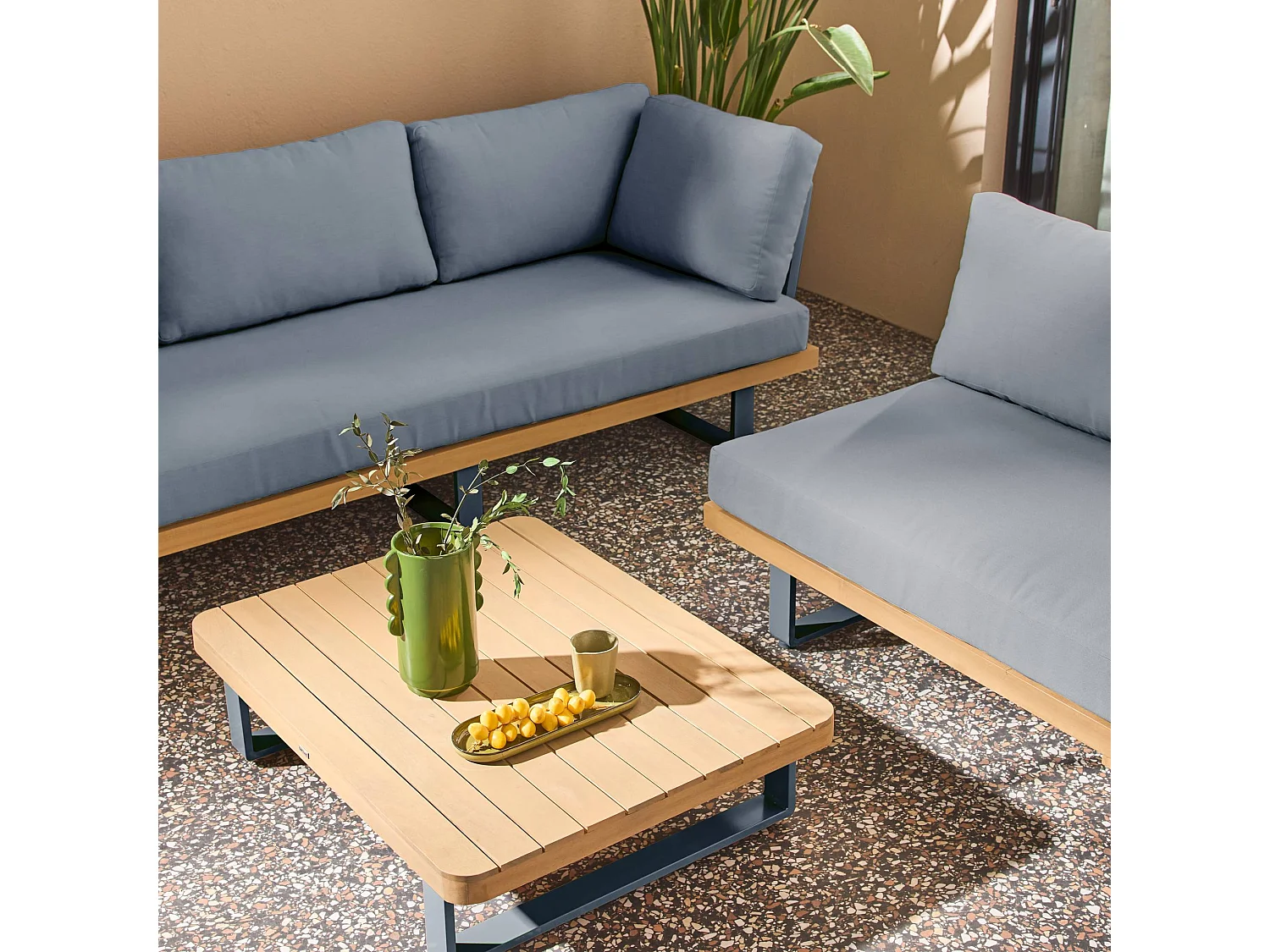 Salon de jardin d'angle bois d'acacia et aluminium 5 places gris - Acalia