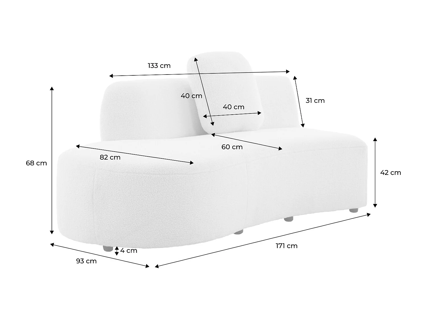 Divano organico a forma di virgola in bouclé, 2–3 posti, crema