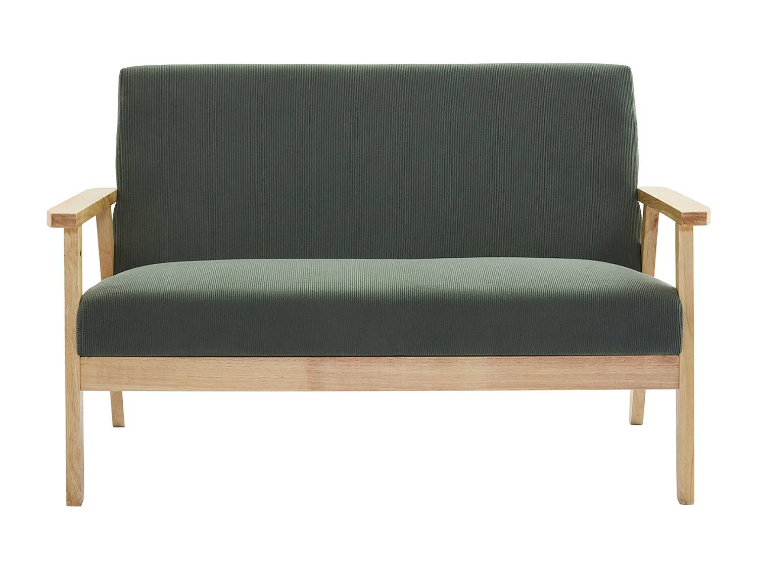 Canapé banquette 2 places + Fauteuil velours côtelé. pieds bois. kaki foncé