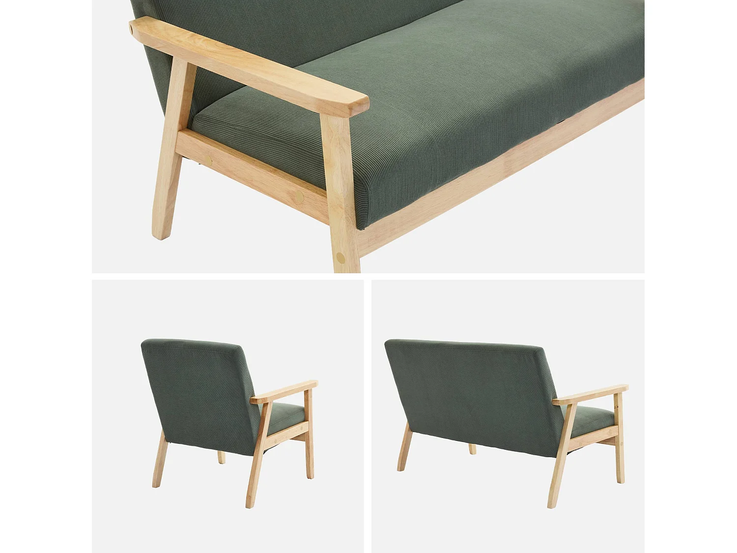 Canapé banquette 2 places + Fauteuil velours côtelé. pieds bois. kaki foncé