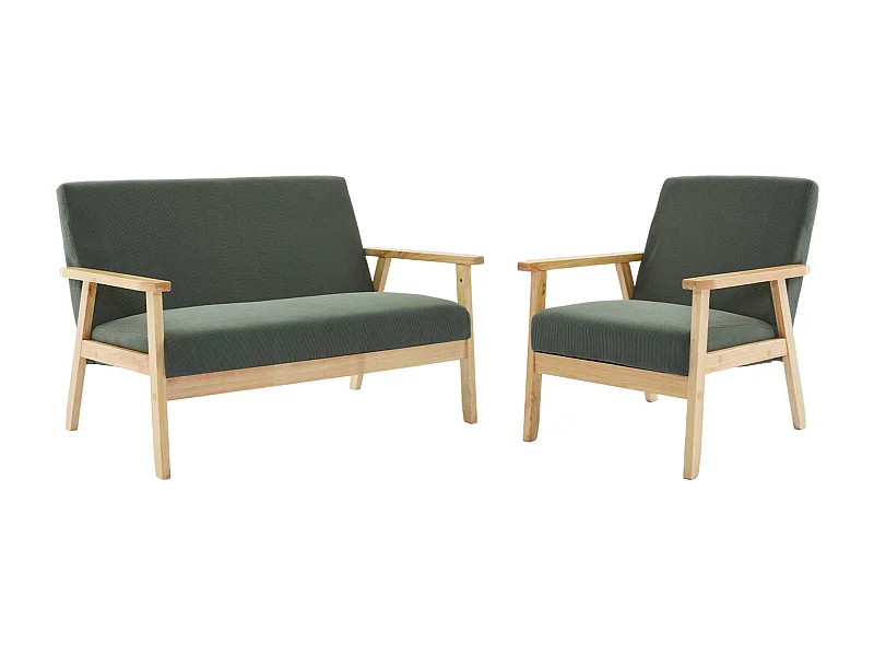 Sofá de 2 plazas y sillón de pana con patas de madera kaki oscuro