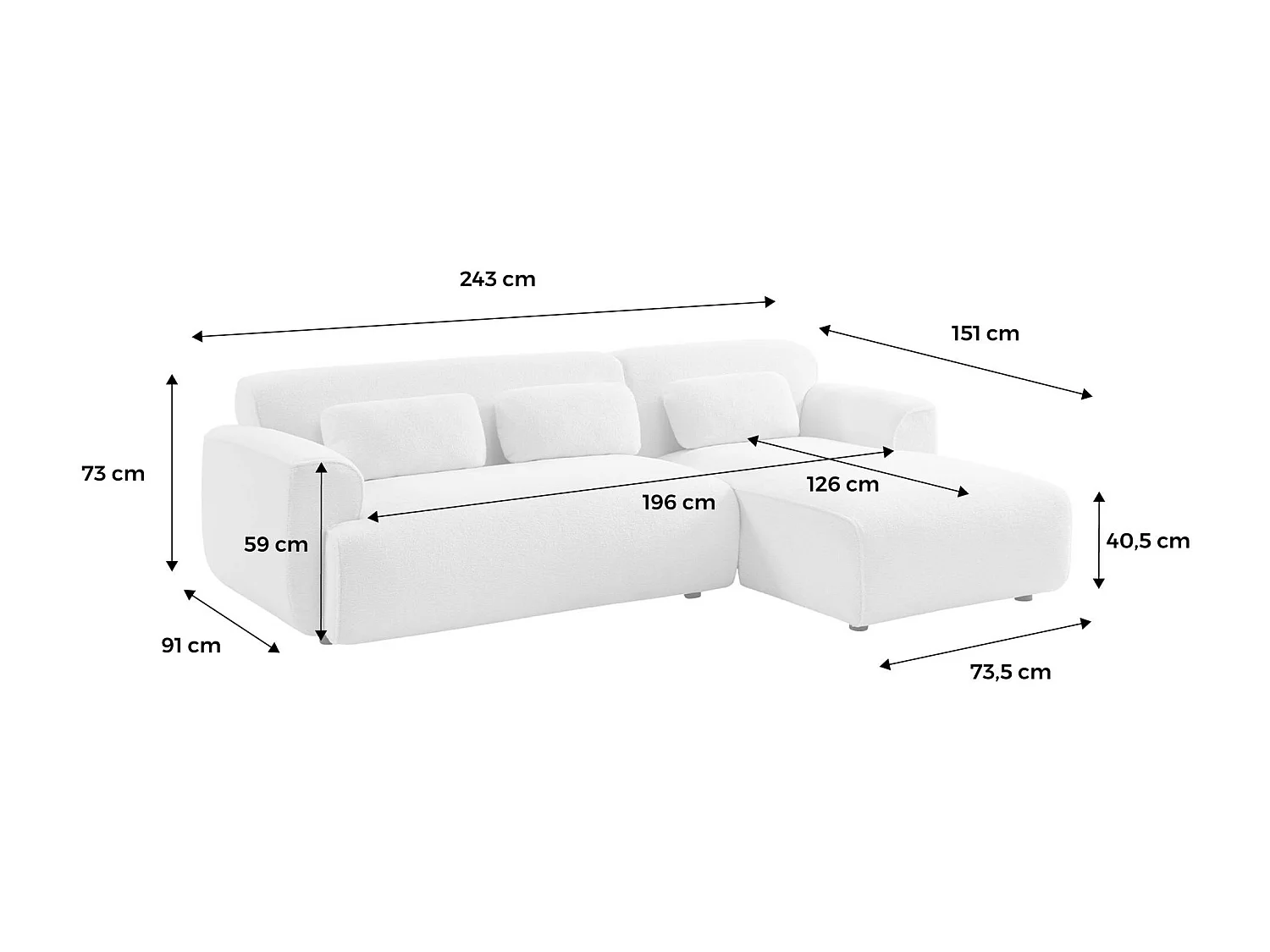 Canapé 3 places. angle droit. tissu bouclette. Wallas. L 196 x P 151 / 91 / x H 73cm