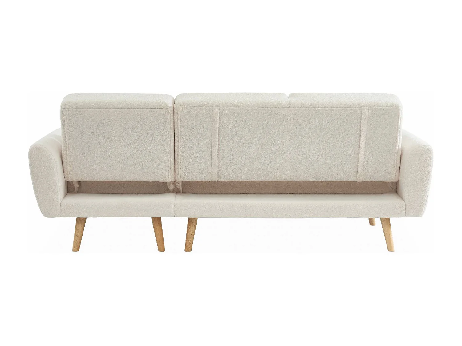 Canapé d'angle convertible réversible 3 places. tissu bouclettes crème. pieds bois