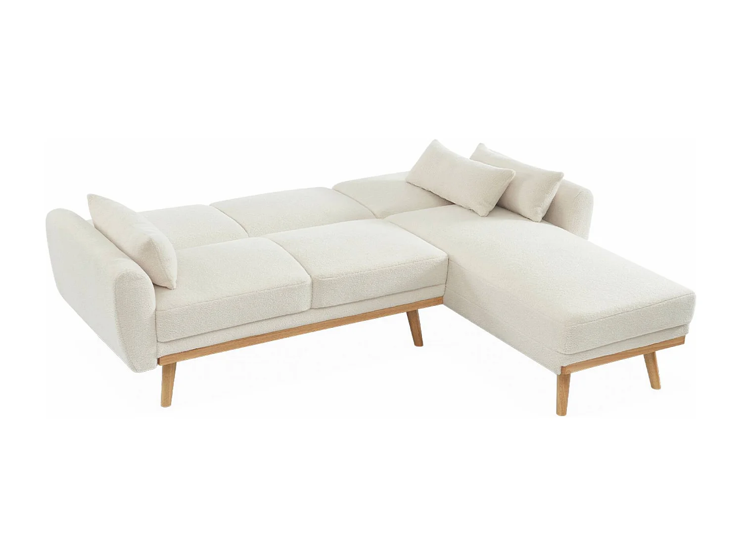 Canapé d'angle convertible réversible 3 places. tissu bouclettes crème. pieds bois