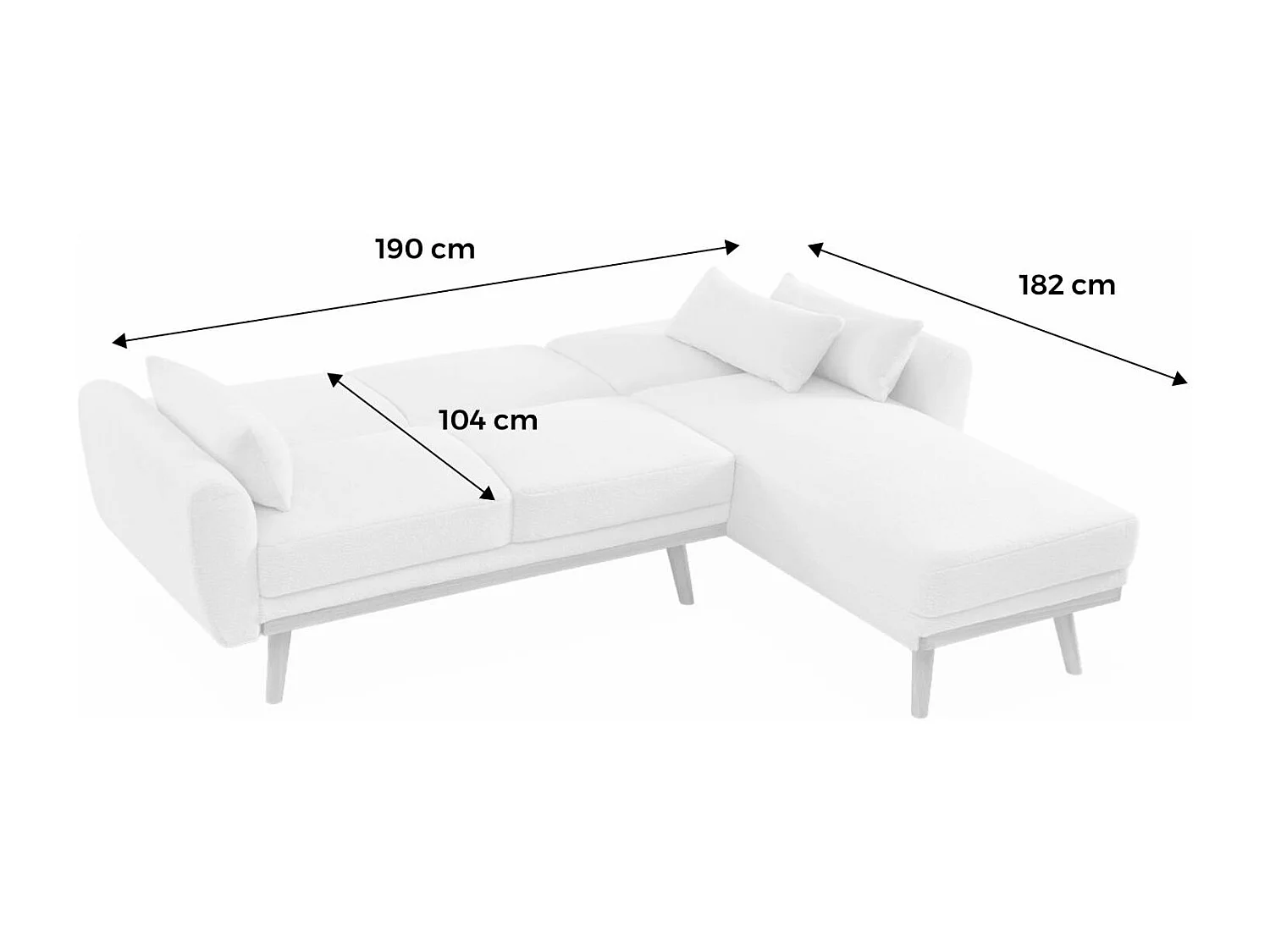 Canapé d'angle convertible réversible 3 places. tissu bouclettes crème. pieds bois