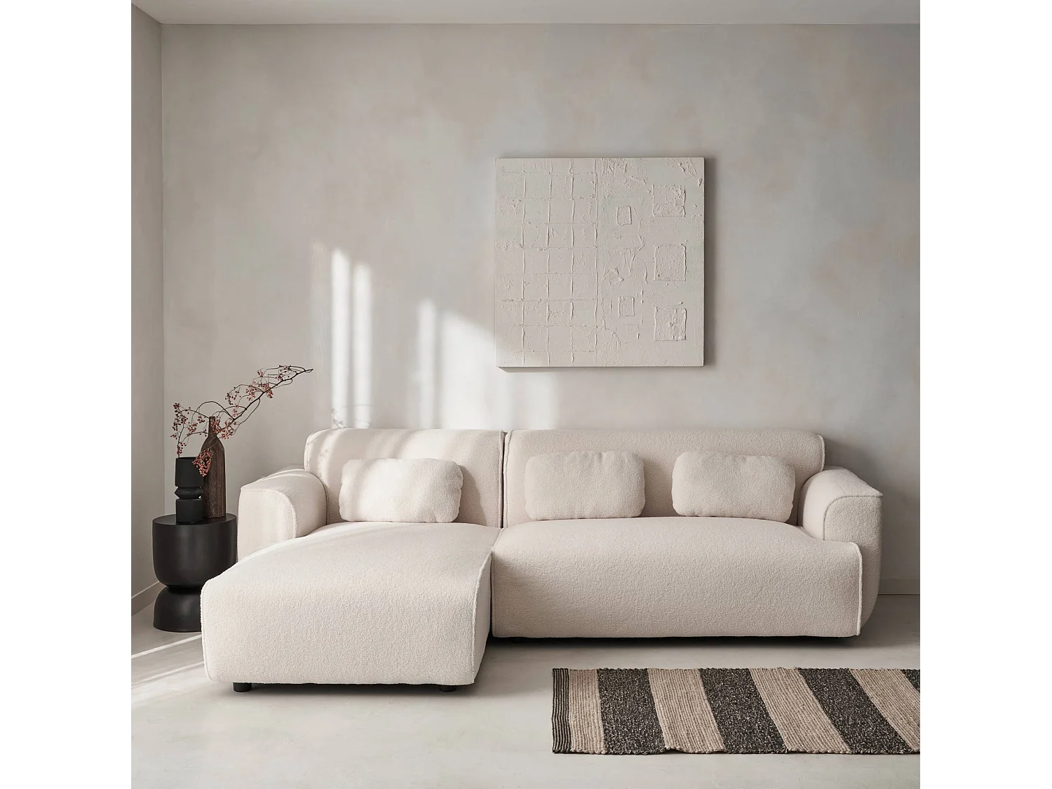 Canapé 3 places. angle gauche. tissu bouclette. Wallas. L 196 x P 151 / 91 / x H 73cm