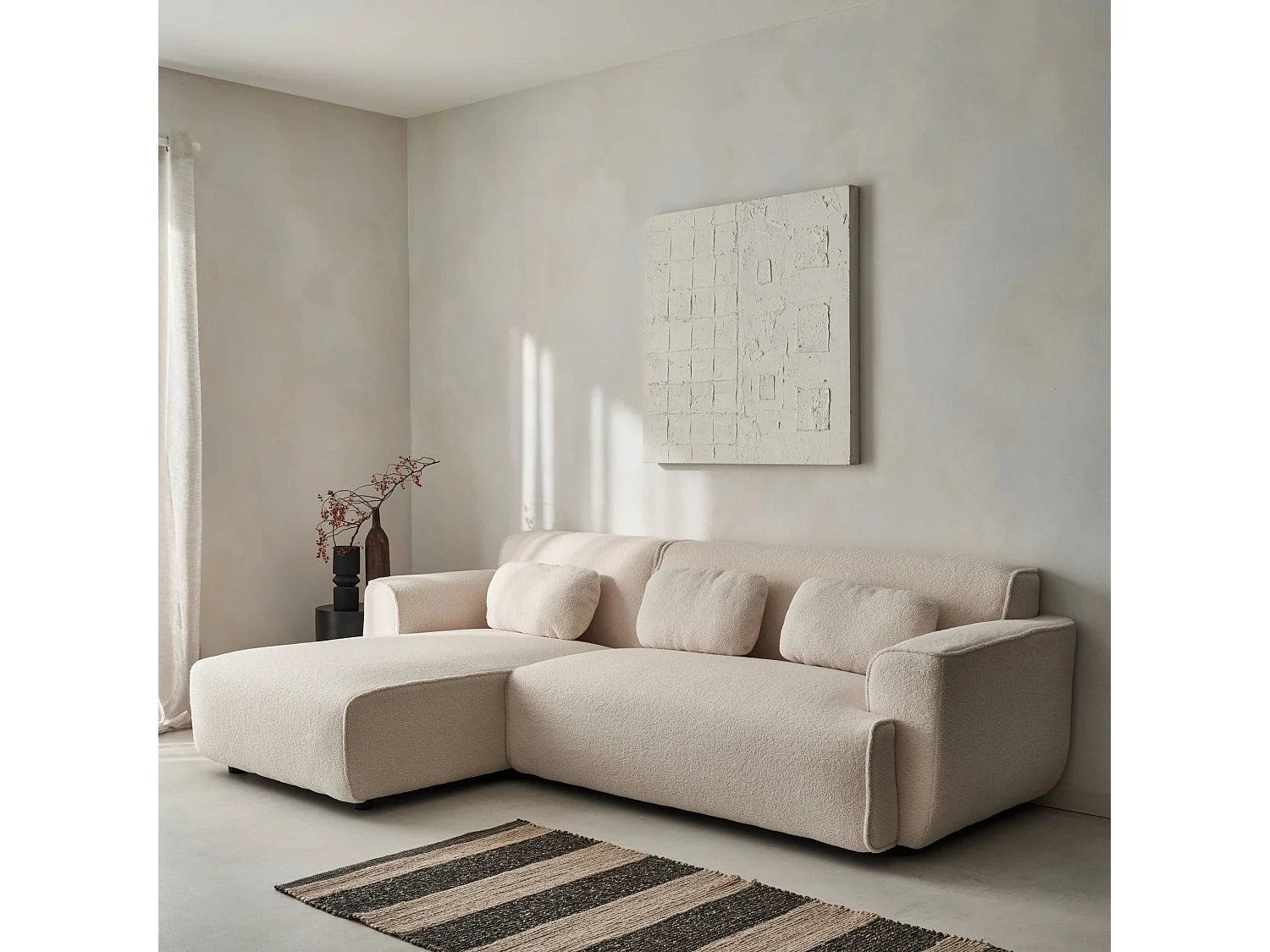 Canapé d'angle gauche 3 places en tissu bouclette crème WALLAS 196x151x73 cm