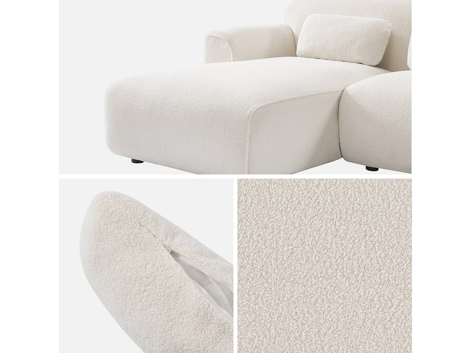 Canapé d'angle gauche 3 places en tissu bouclette crème WALLAS 196x151x73 cm
