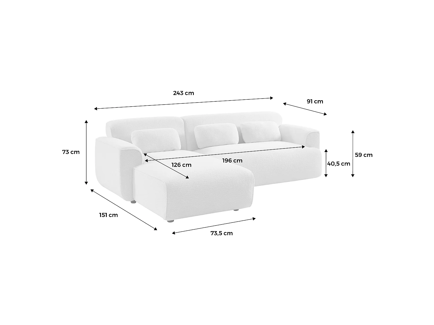 Canapé d'angle gauche 3 places en tissu bouclette crème WALLAS 196x151x73 cm