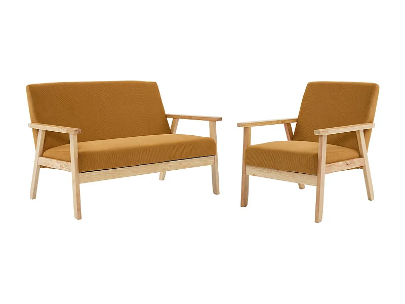 Canapé banquette 2 places + Fauteuil velours côtelé. pieds bois. moutarde