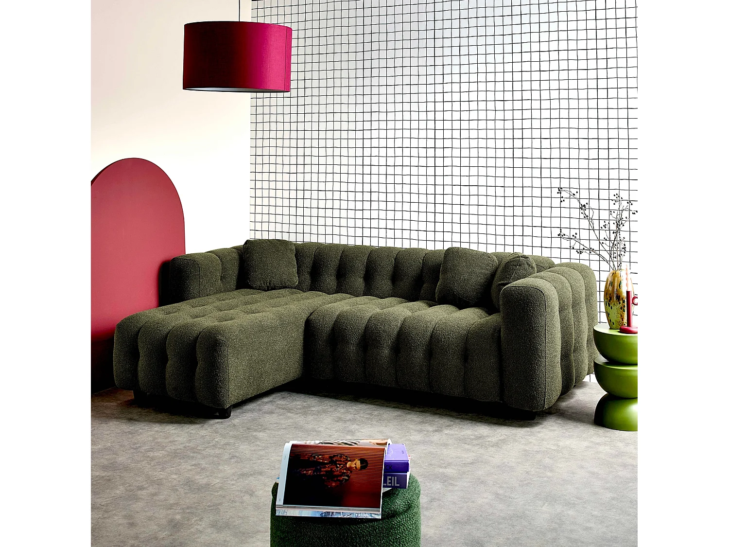 Sofá esquinero reversible con rizo texturado kaki oscuro