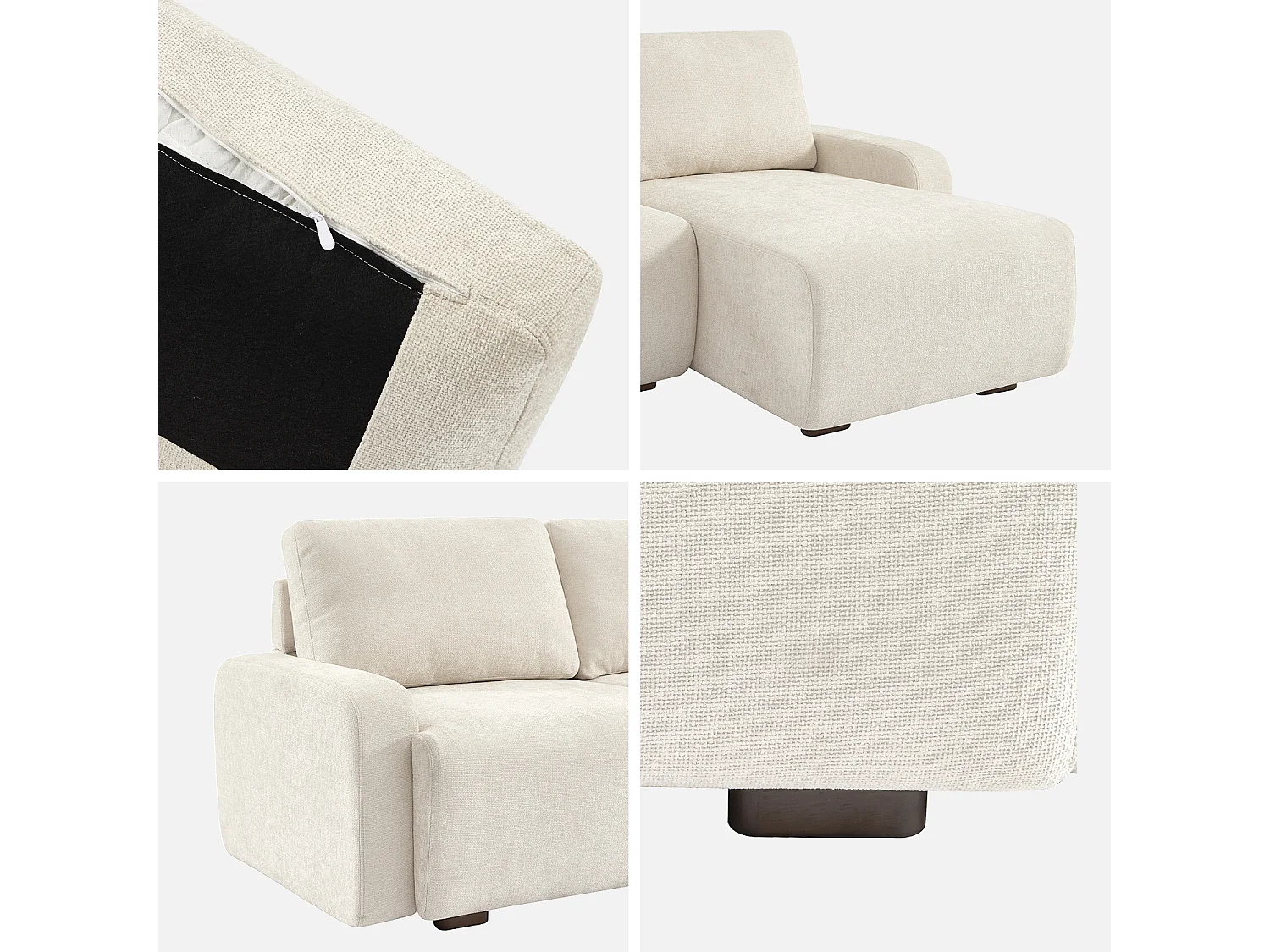 Sofá de esquina derecha de tela liso, 3 plazas blanco roto