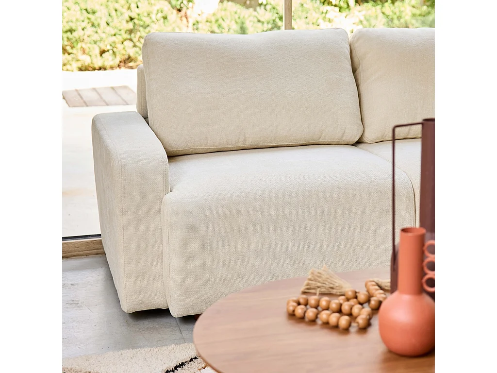 Sofá de esquina derecha de tela liso, 3 plazas blanco roto