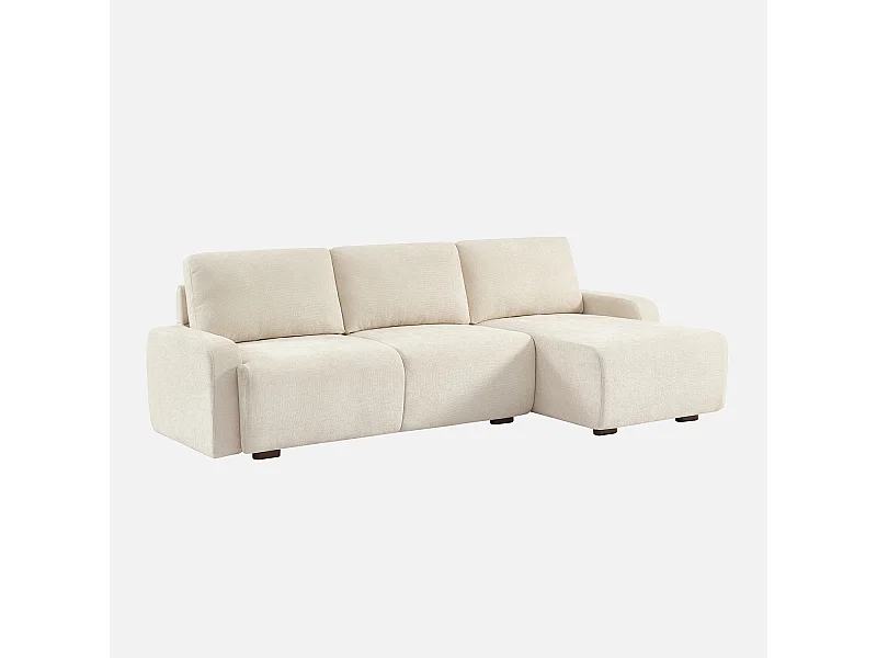 Sofá de esquina derecha de tela liso, 3 plazas blanco roto