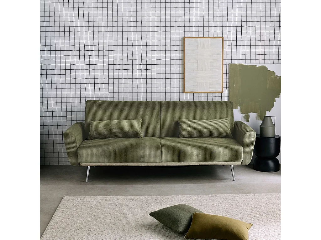 Canapé convertible design en velours côtelé kaki - Oskar - 3 places scandinave droit avec pieds métal chromé