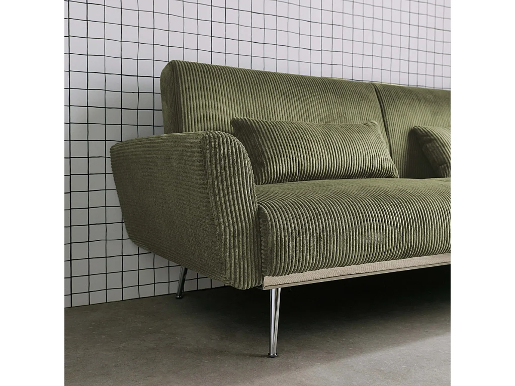 Canapé convertible design en velours côtelé kaki - Oskar - 3 places scandinave droit avec pieds métal chromé