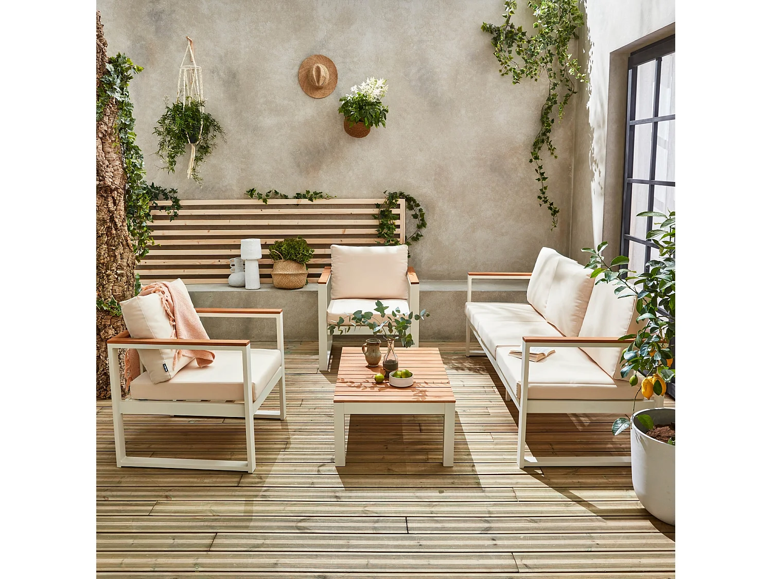 Salotto da giardino in legno di eucalipto e alluminio, 5 posti, bianco