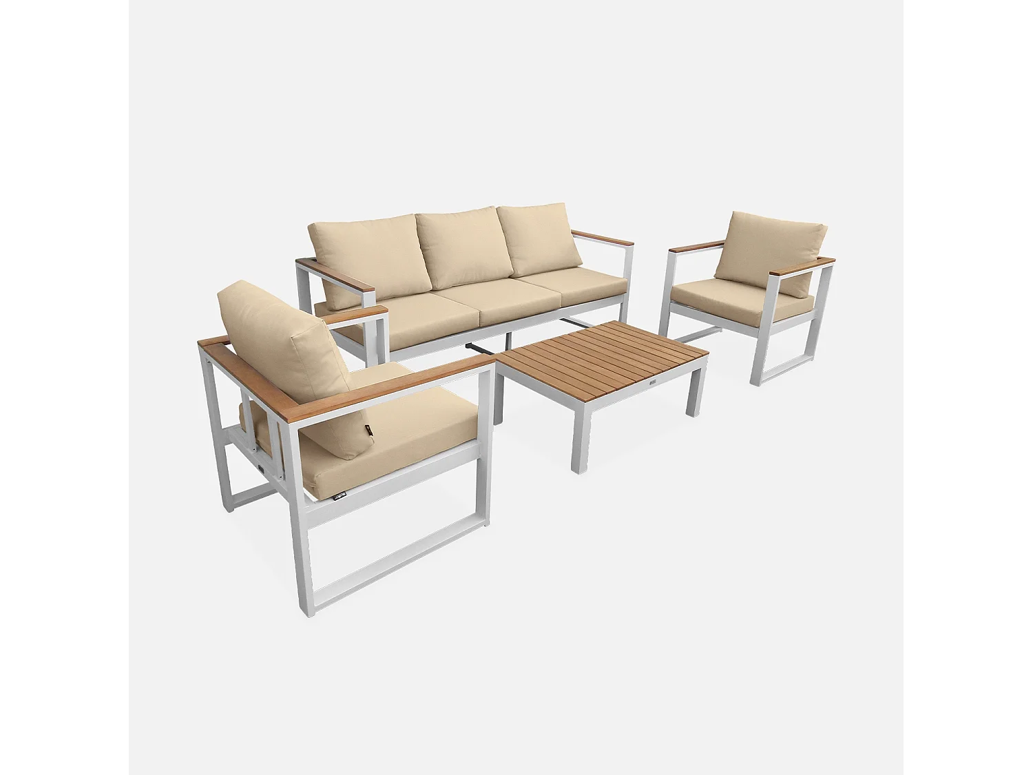 Salon de jardin 5 places en aluminium et eucalyptus – NAZCA – Structure blanche. Coussins beiges