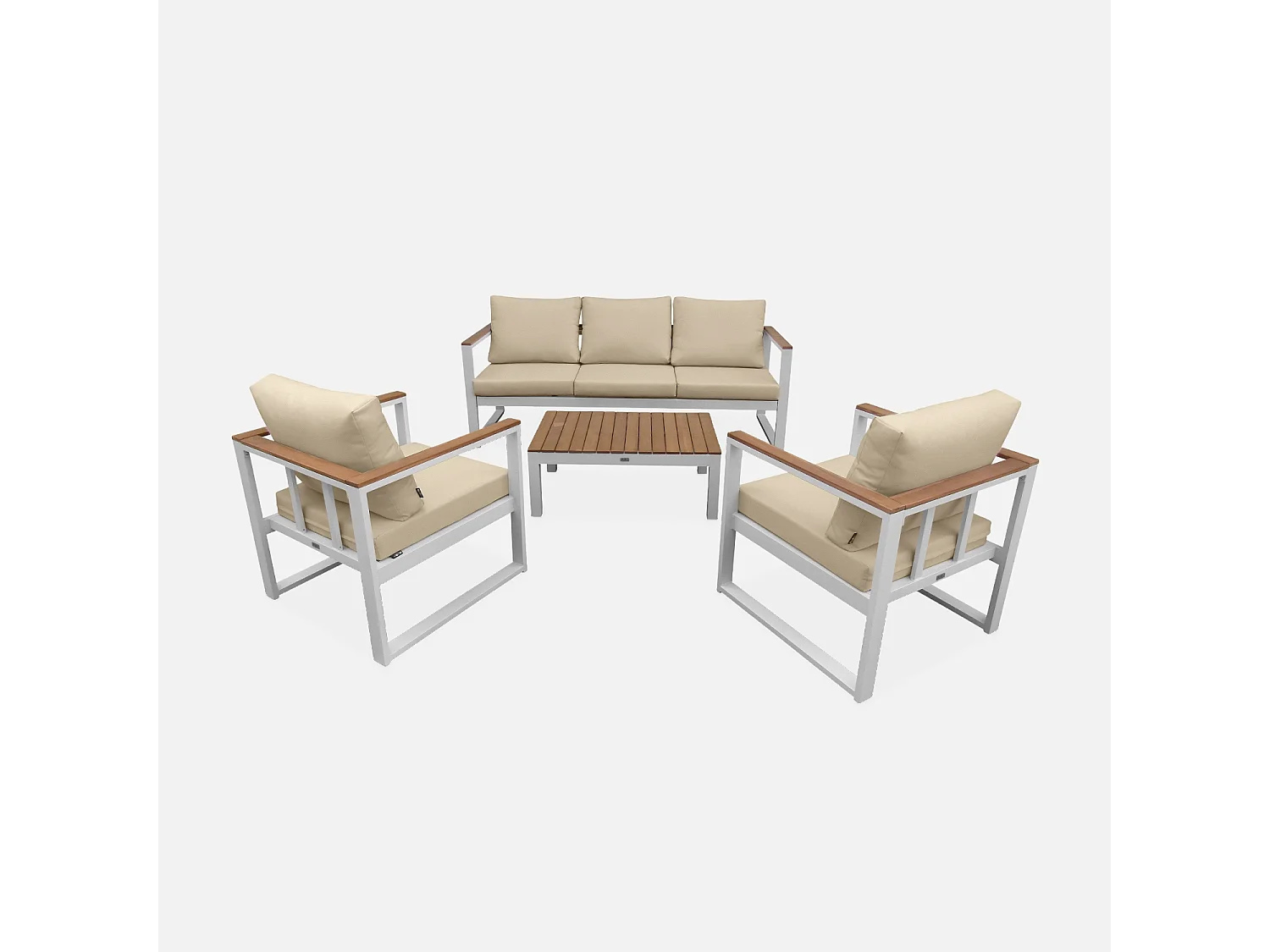 Salon de jardin 5 places en aluminium et eucalyptus – NAZCA – Structure blanche. Coussins beiges