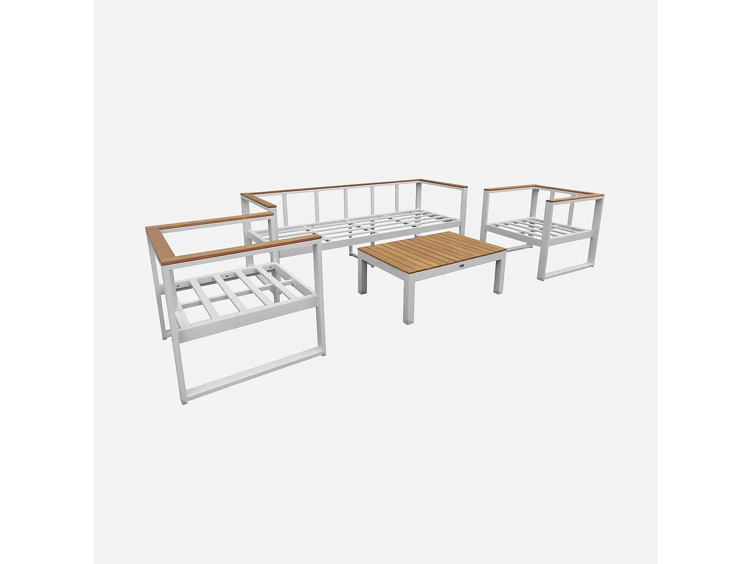 Salon de jardin 5 places en aluminium et eucalyptus – NAZCA – Structure blanche. Coussins beiges