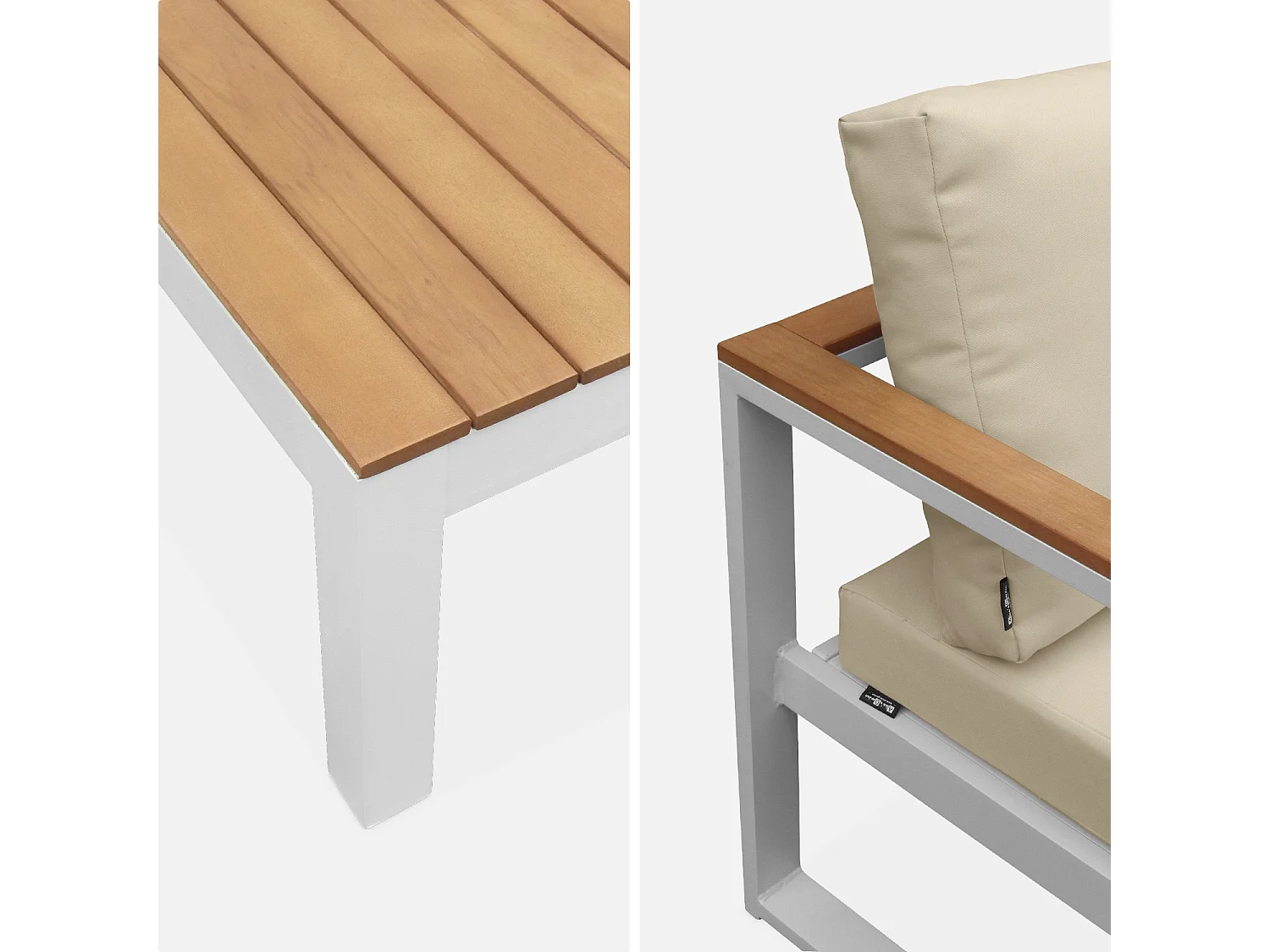 Salon de jardin 5 places en aluminium et eucalyptus – NAZCA – Structure blanche. Coussins beiges