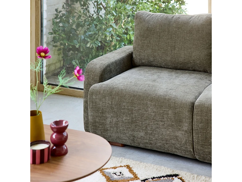 Sofá de esquina derecha de tela liso, 3 plazas verde grisáceo