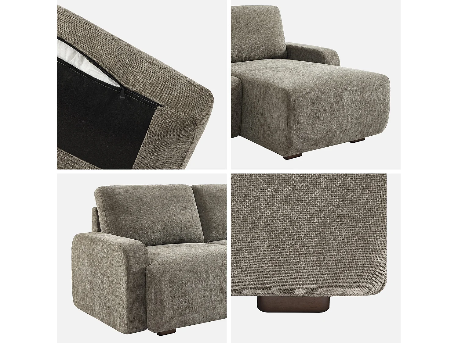 Canapé d'angle droite 3 places tissu vert de gris L 260 x P 88 / 139cm / x H 87cm - Dany