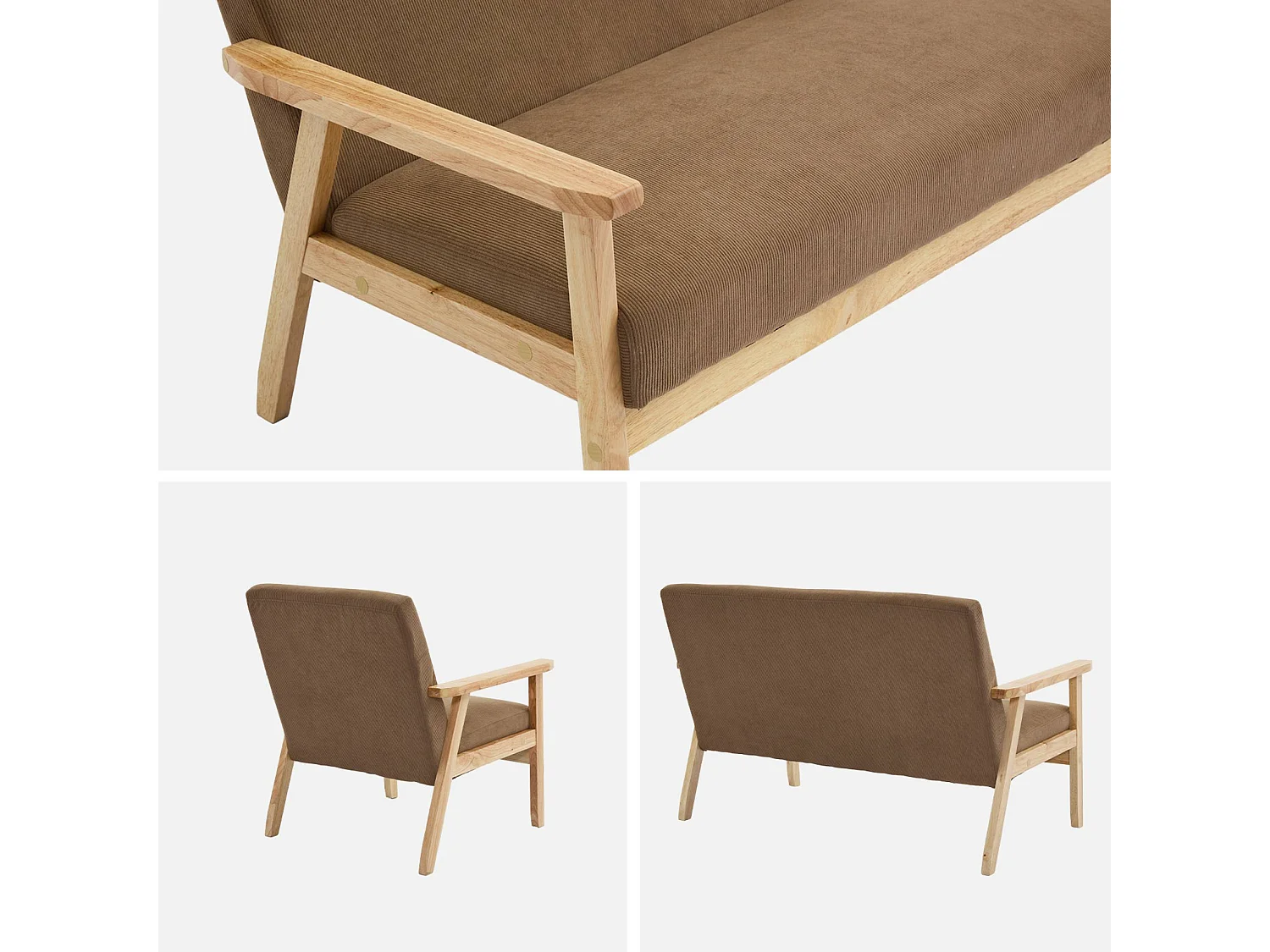 Canapé banquette 2 places + Fauteuil velours côtelé. pieds bois. taupe