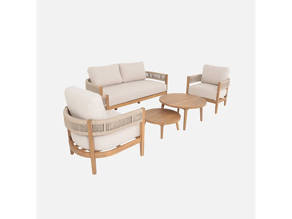 Set salotto da giardino in legno di acacia e corda, beige