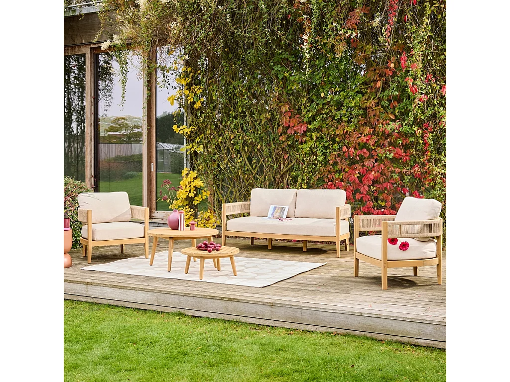 Set salotto da giardino in legno di acacia e corda, beige
