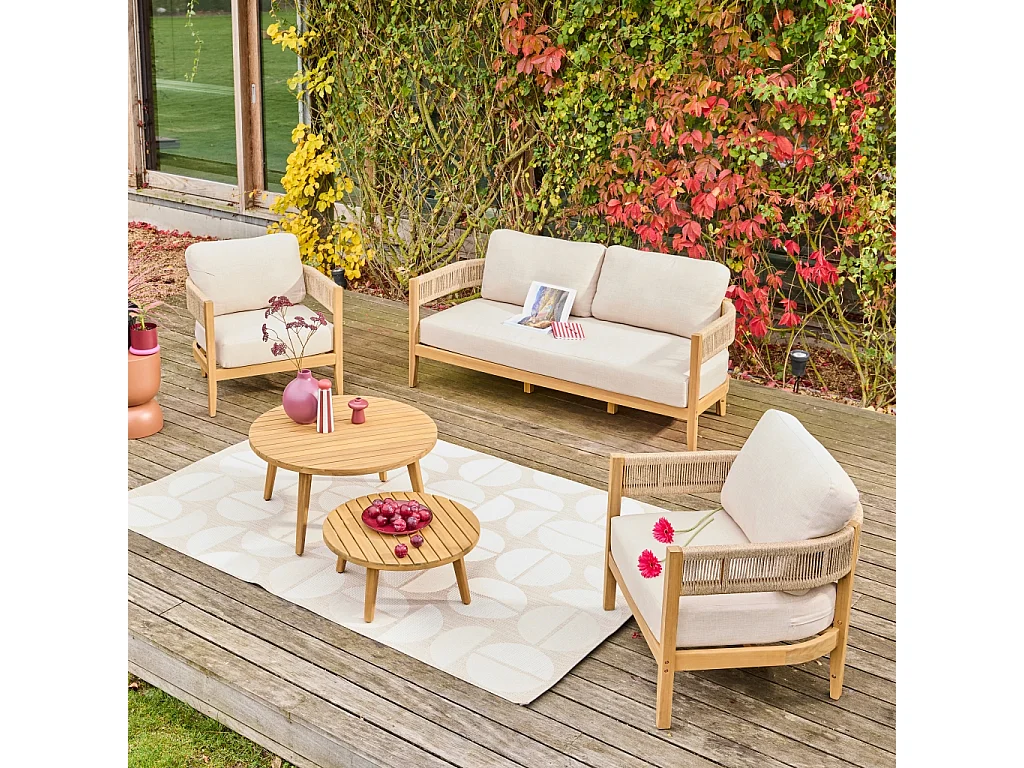 Set salotto da giardino in legno di acacia e corda, beige