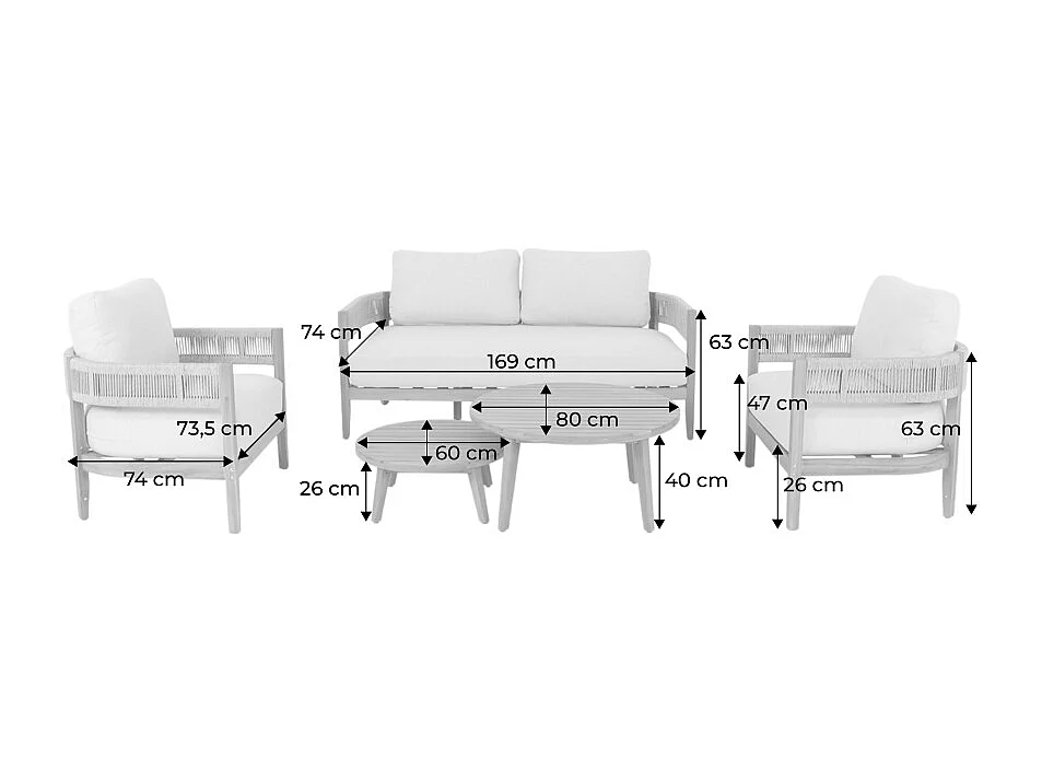 Set salotto da giardino in legno di acacia e corda, beige