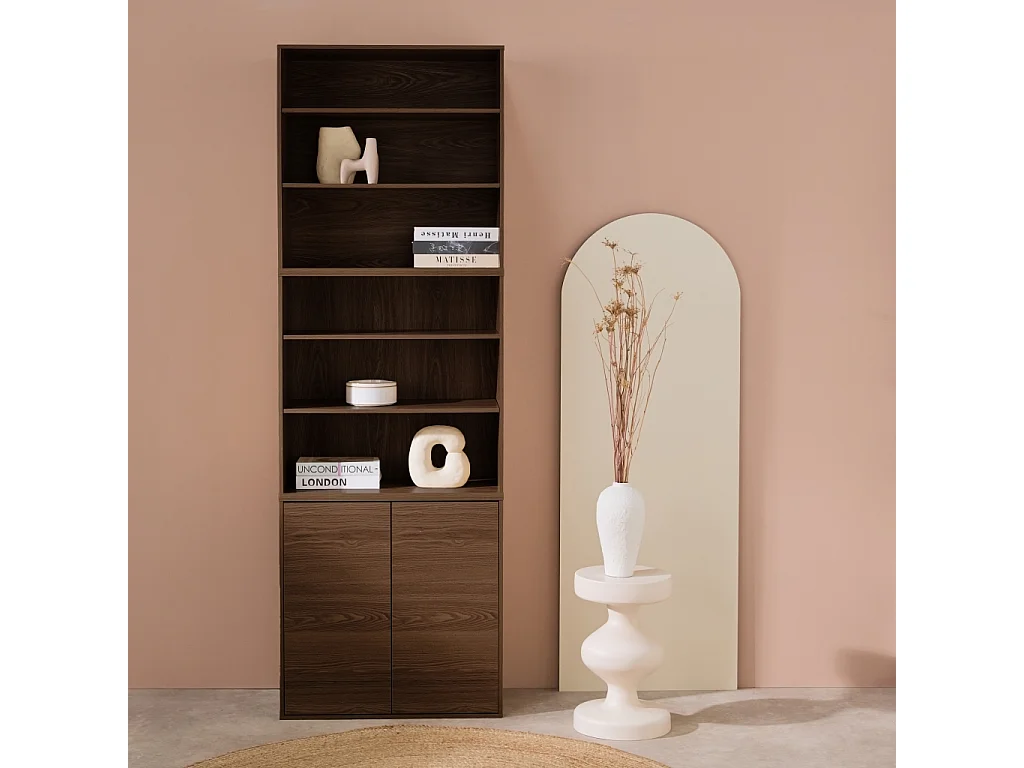 Etagère. bibliothèque modulable décor bois noyer 3 éléments - 2 portes 5 étagères L 70 x P 35 x H 210cm - Kompo