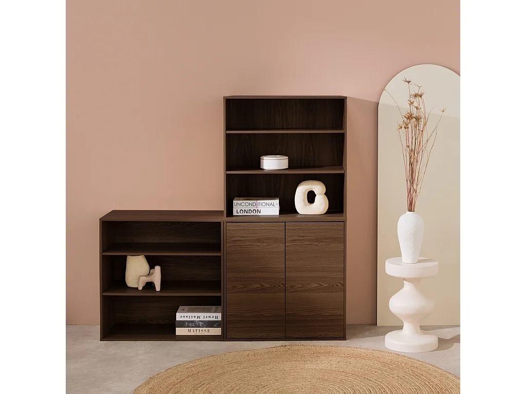 Etagère. bibliothèque modulable décor bois noyer 3 éléments - 2 portes 5 étagères L 70 x P 35 x H 210cm - Kompo