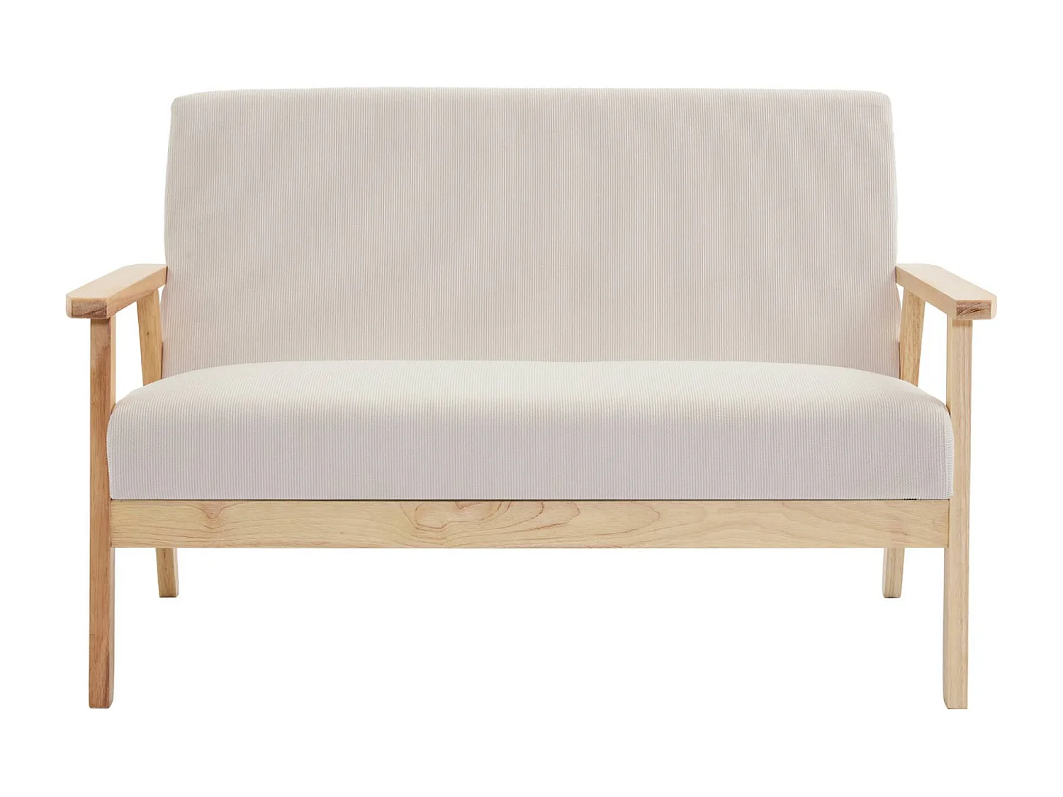 Canapé banquette 2 places + Fauteuil velours côtelé. pieds bois. crème