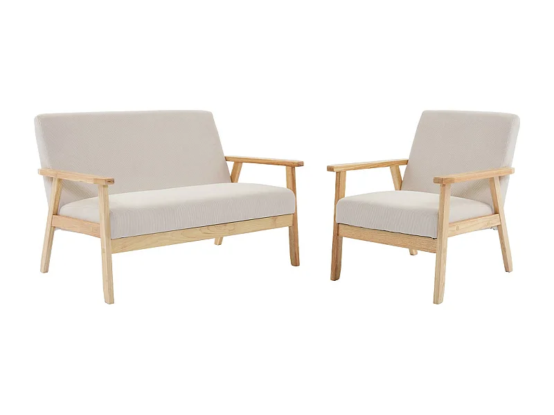 Canapé banquette 2 places + Fauteuil velours côtelé. pieds bois. crème