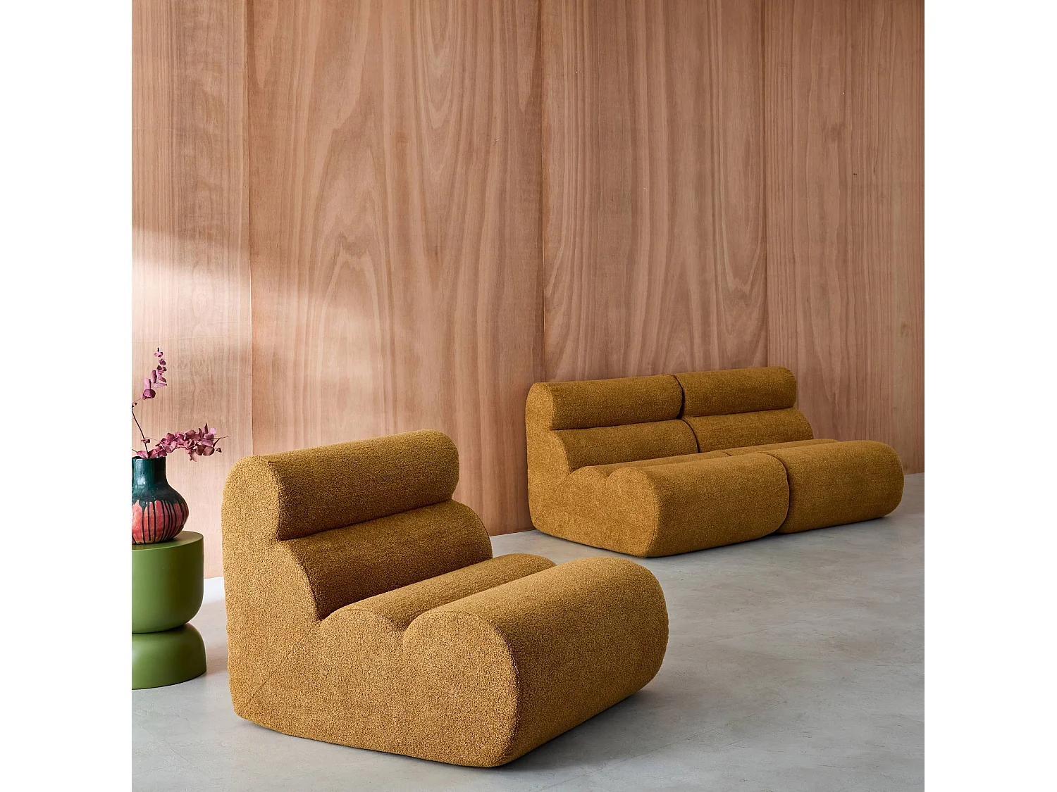 Lot de 3 chauffeuses bouclette texturée moutarde 1 place - L 81 x P 99 x H 75cm - Nova